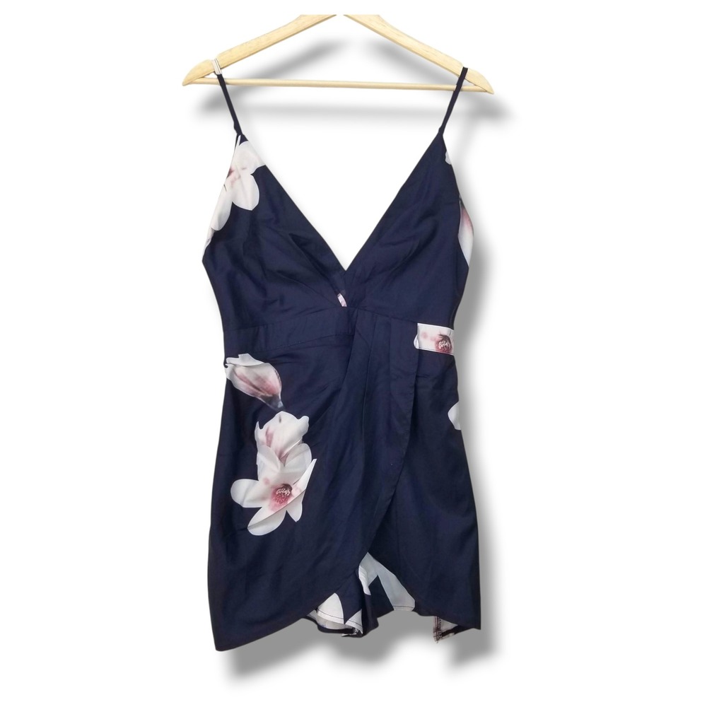 Yoins Navy Blue Floral V-Neck Wrap Front‎ Romper Size Medium NWT